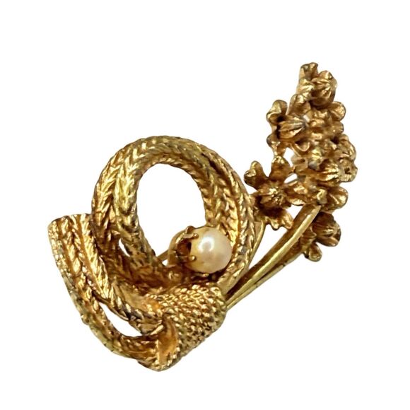 Gold Tone Rope Flower Bouquet Brooch 1 5/8" Faux Pearl Three-Dimensional - Picture 3 of 9